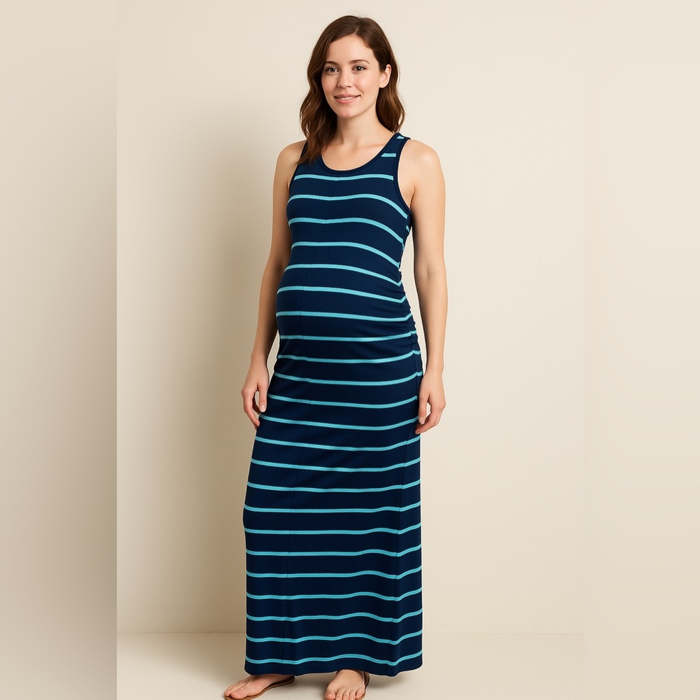 Liz Lange Navy Mint Green Striped Midi Maternity Dress